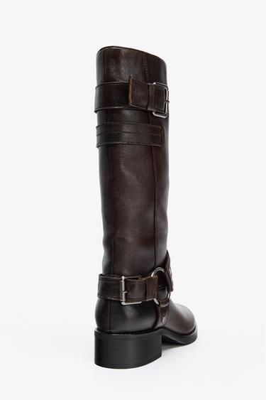 LEATHER FLAT EMBROIDERED BOOTS - Brown by Zara - Image 3