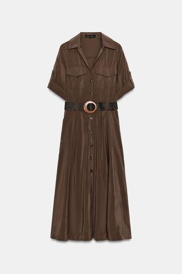 FLOWING SHIRT DRESS WITH BELT - Brown by Zara - Image 6