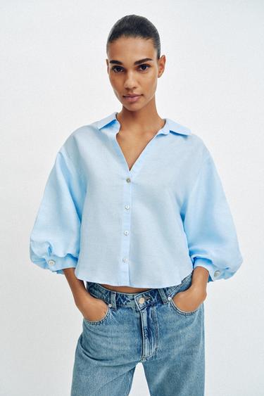 ÁO SƠ MI TAY BỒNG VẢI LINEN - Màu xanh da trời từ Zara