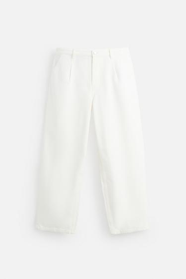 PLEATED DENIM CHINO TROUSERS - Oyster-white by Zara