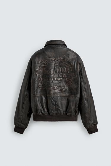 100% LEATHER FORD © BOMBER JACKET - Brown by Zara