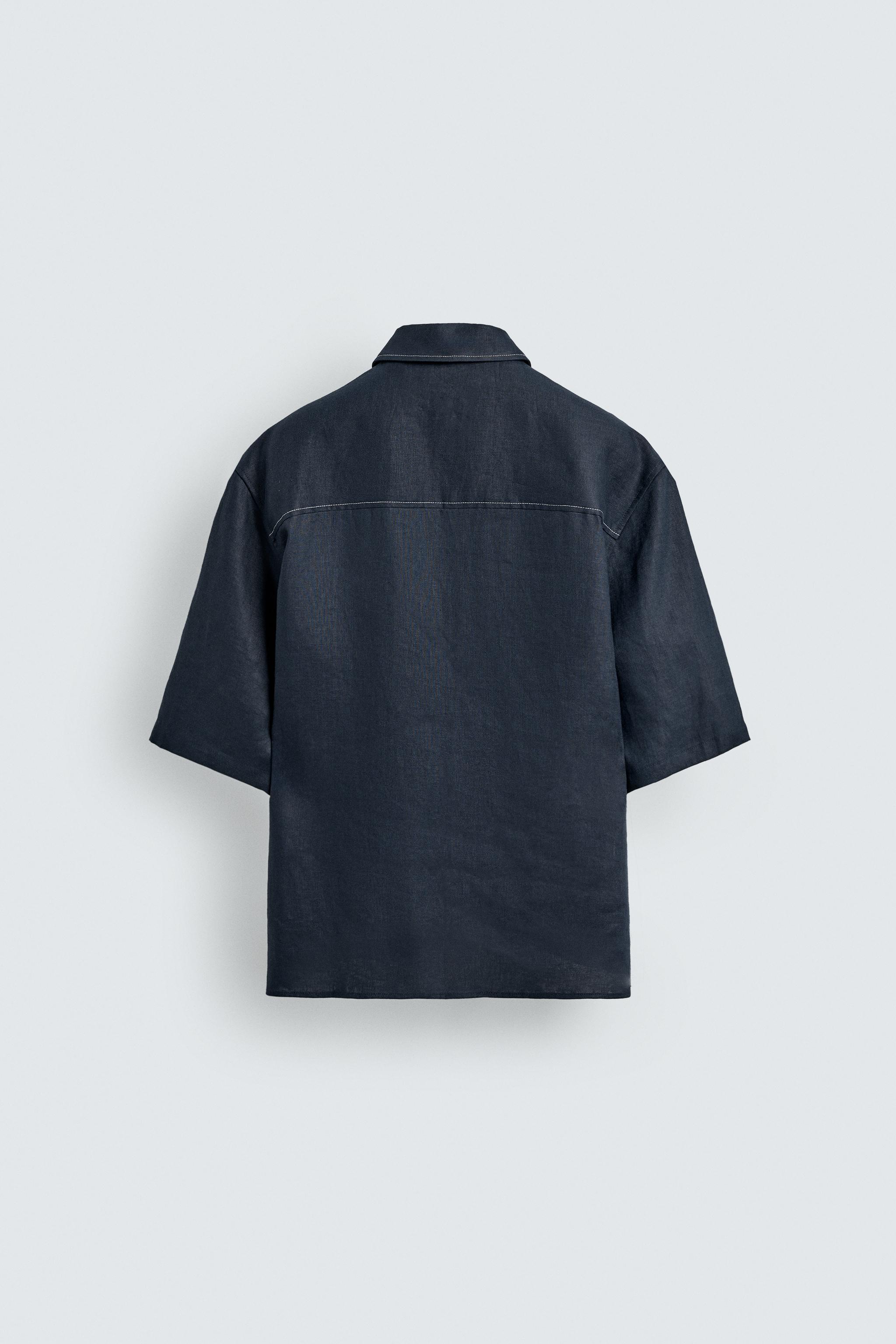 コントラストステッチ 100% リネンシャツ - インディゴブルー | ZARA 