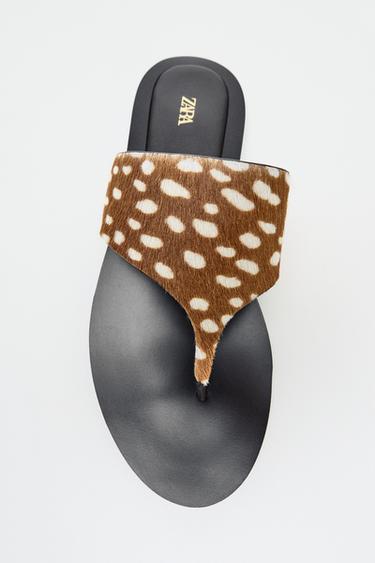 Zara TEXTURED LEATHER FLAT SANDALS - Multi-color