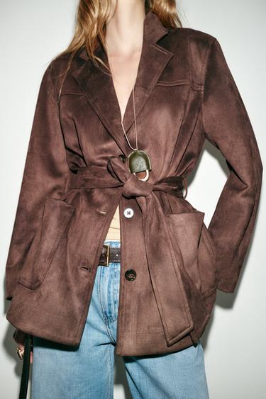 FAUX SUEDE JACKET WITH BELT - Dark brown by Zara