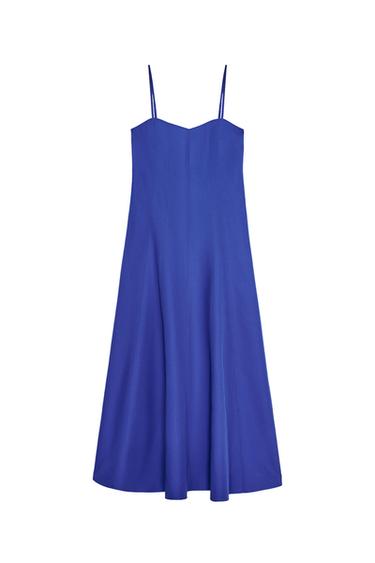 Front view of a blue dress with spaghetti straps and a flared cut.