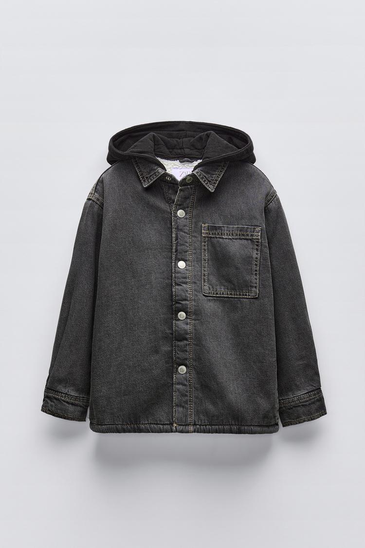 FAUX SHEARLING DENIM OVERSHIRT WITH HOOD Mid-grey ZARA Australia