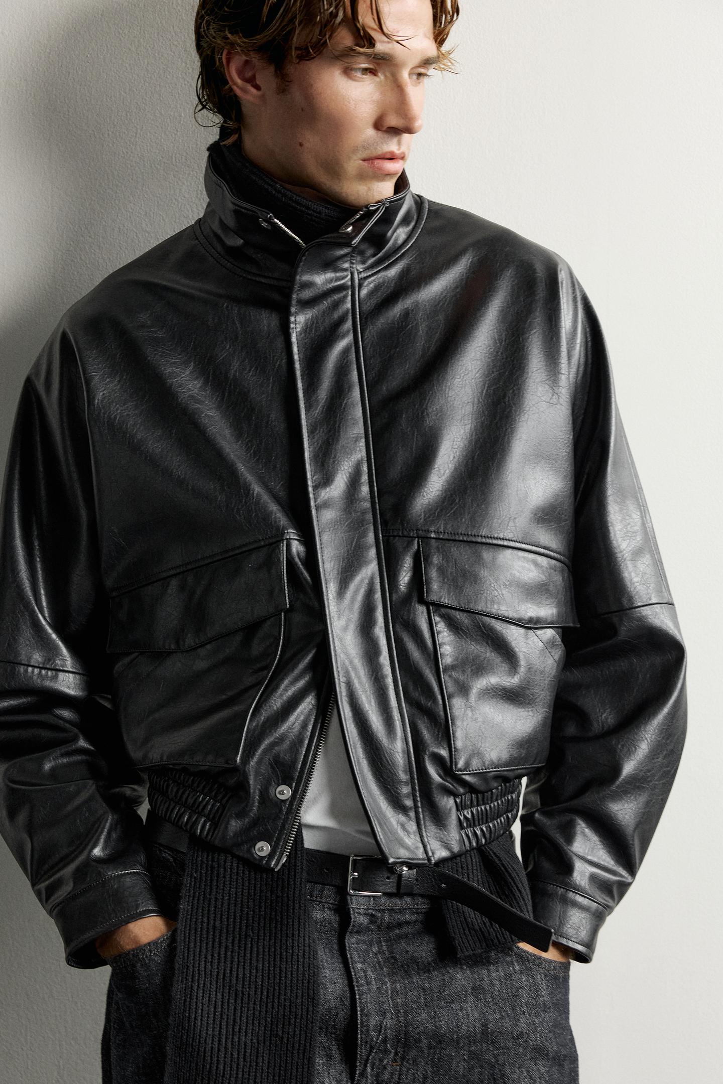 Мужская куртка Zara Faux Leather Cropped Fit, цвет: Чёрный — фото 5