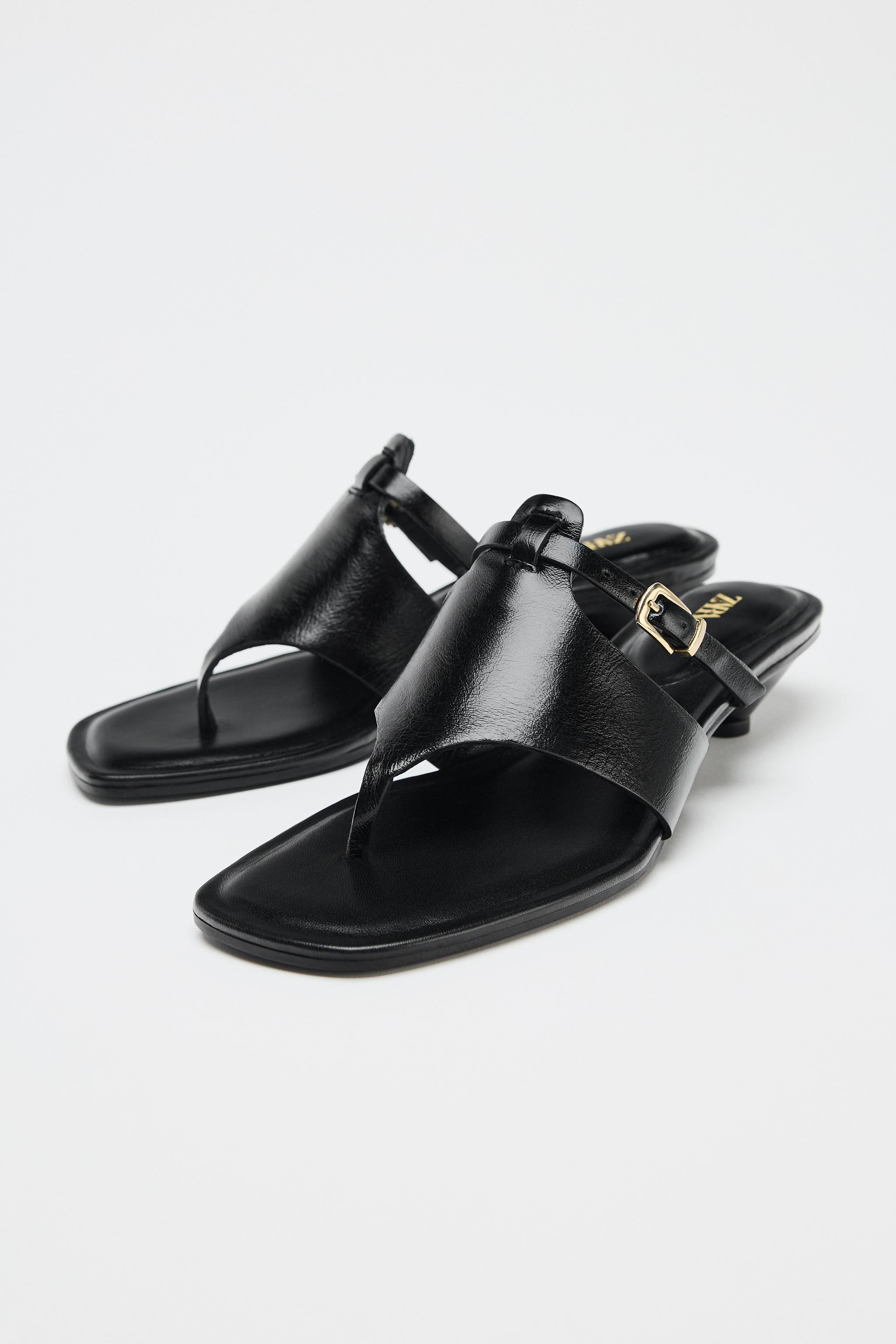 スペイン発送 ZARA レザーのローヒールバックルサンダル 最新作 org.jpg