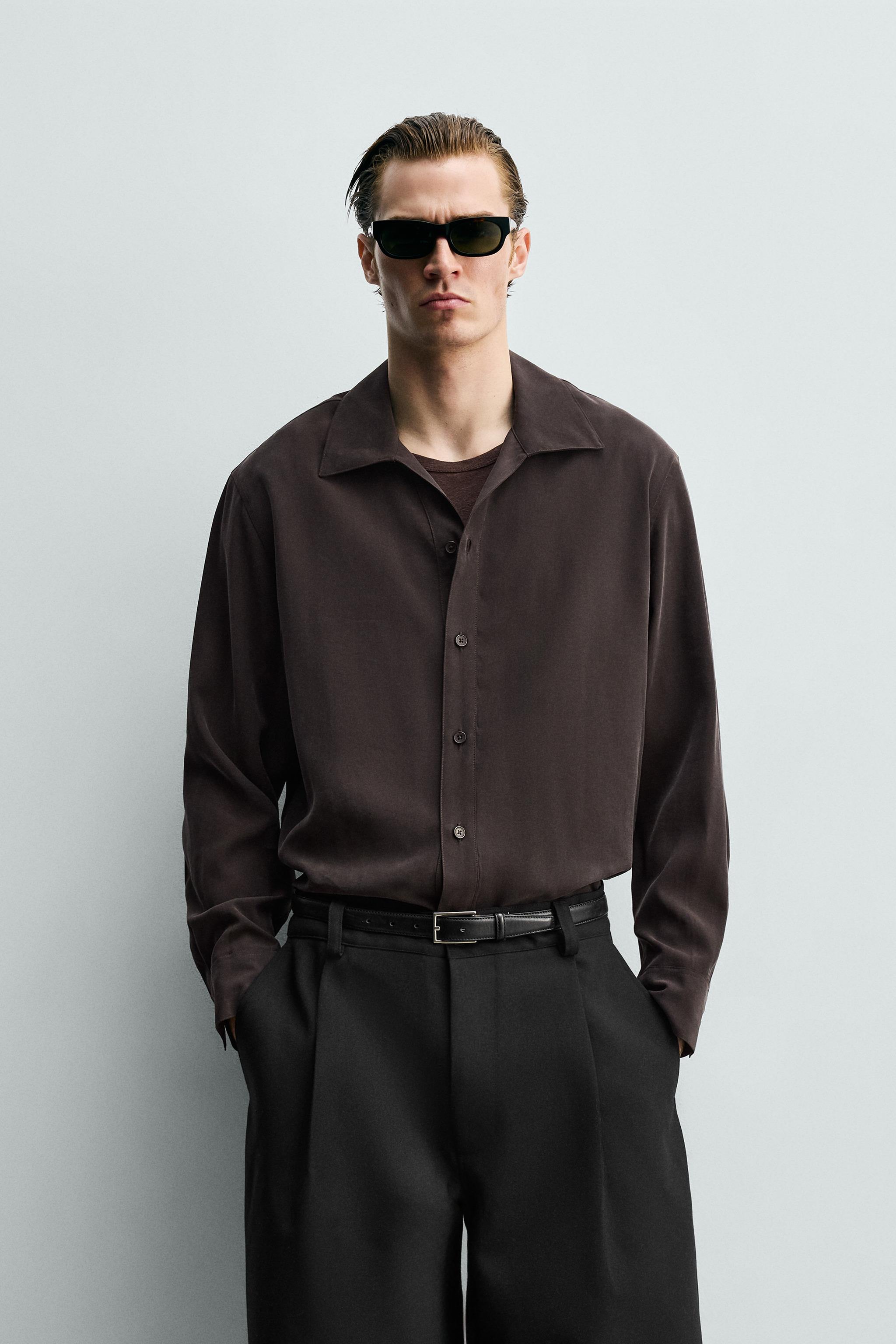 RELAXED FIT FLOWING SHIRT — Brown
