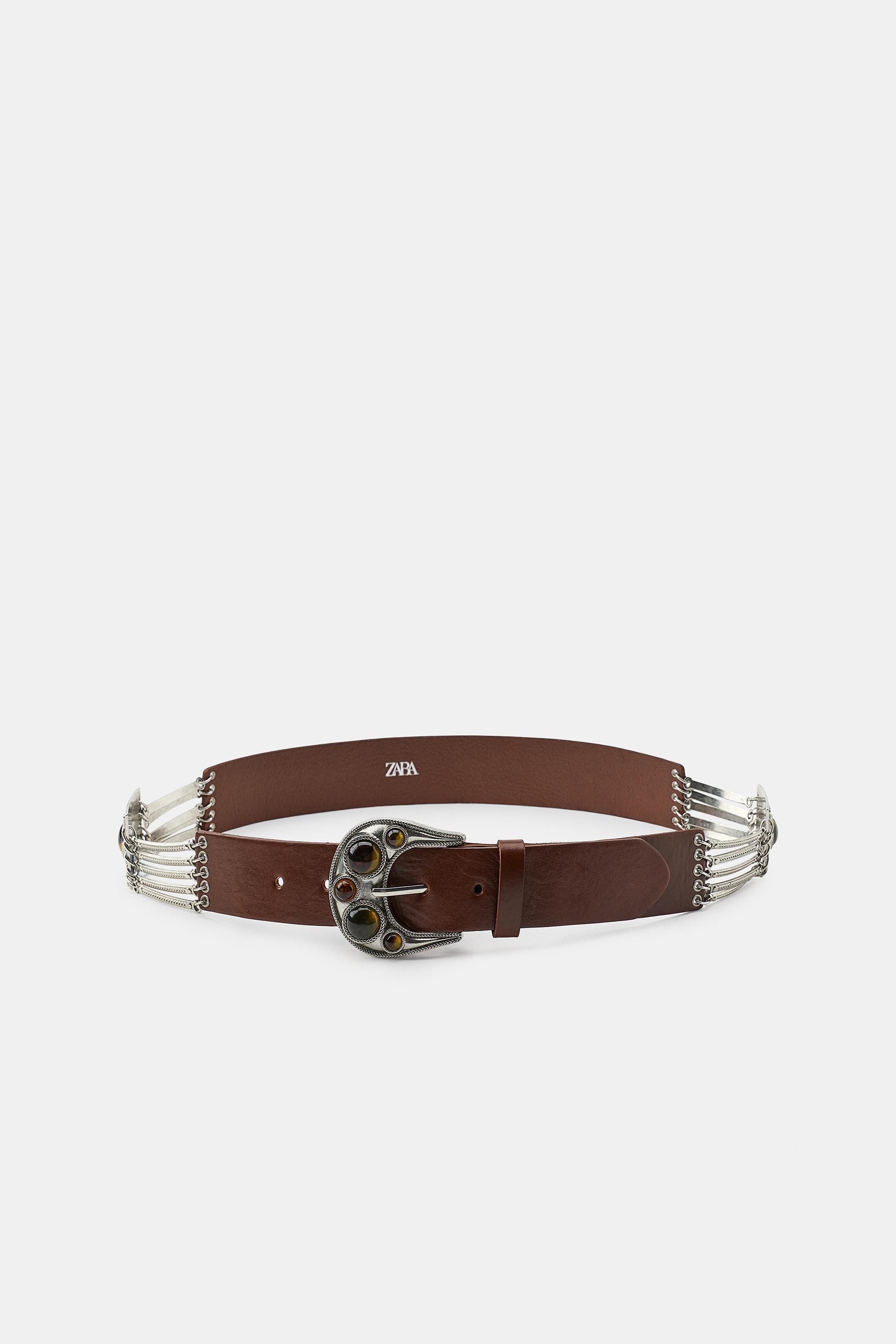 100% LEATHER BELT WITH STONES — Brown
