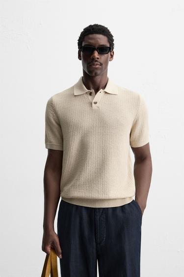 TEXTURED KNIT POLO SHIRT - Stone by Zara