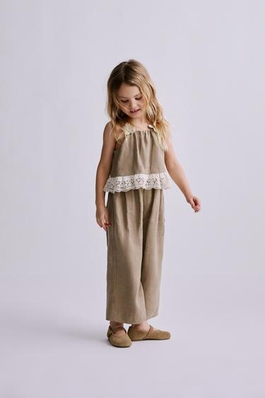 Zara 亞麻蕾絲花卉印花連身長褲 - 貂色