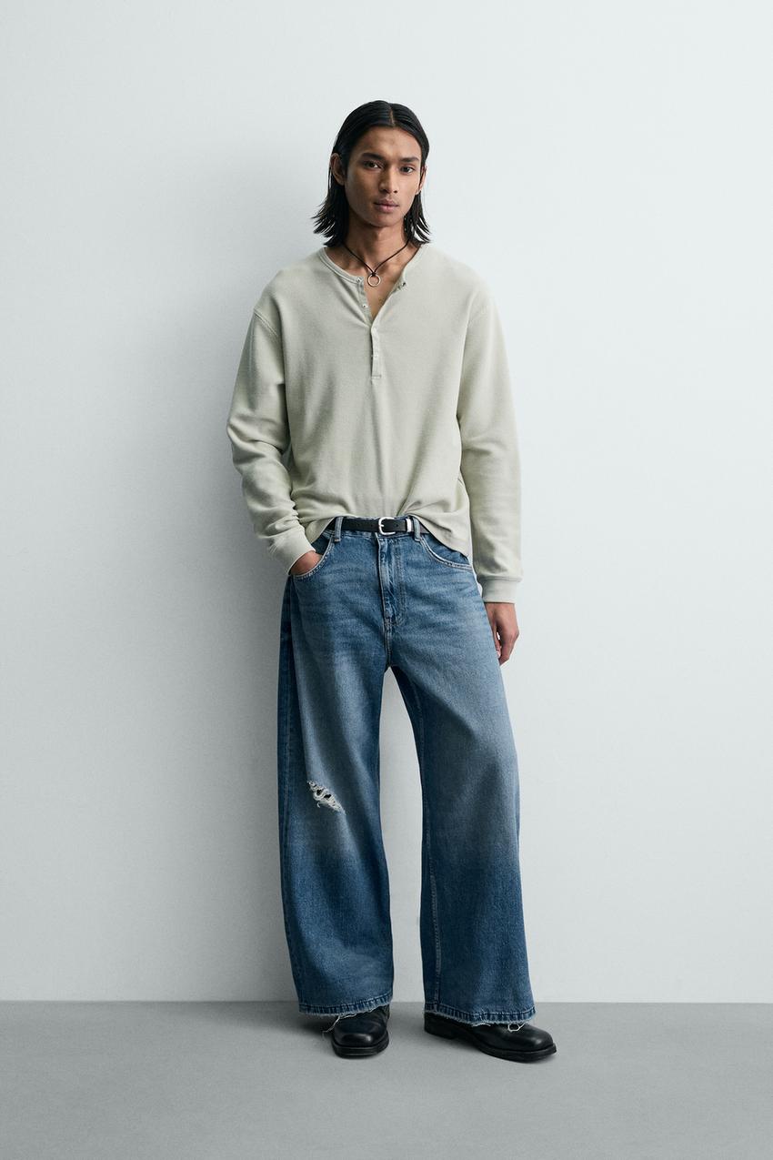 ダメージ加工リラックスフィットデニムパンツ - ミディアムブルー 