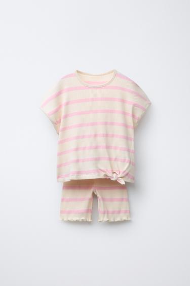 Zara KNOT T-SHIRT AND STRIPED CYCLING LEGGINGS SET - Pink