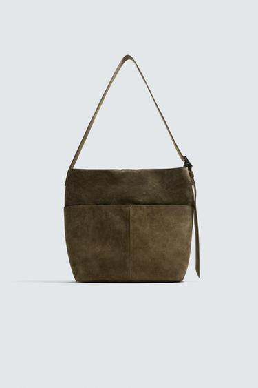 LEATHER TOTE BAG - Khaki Green by Zara