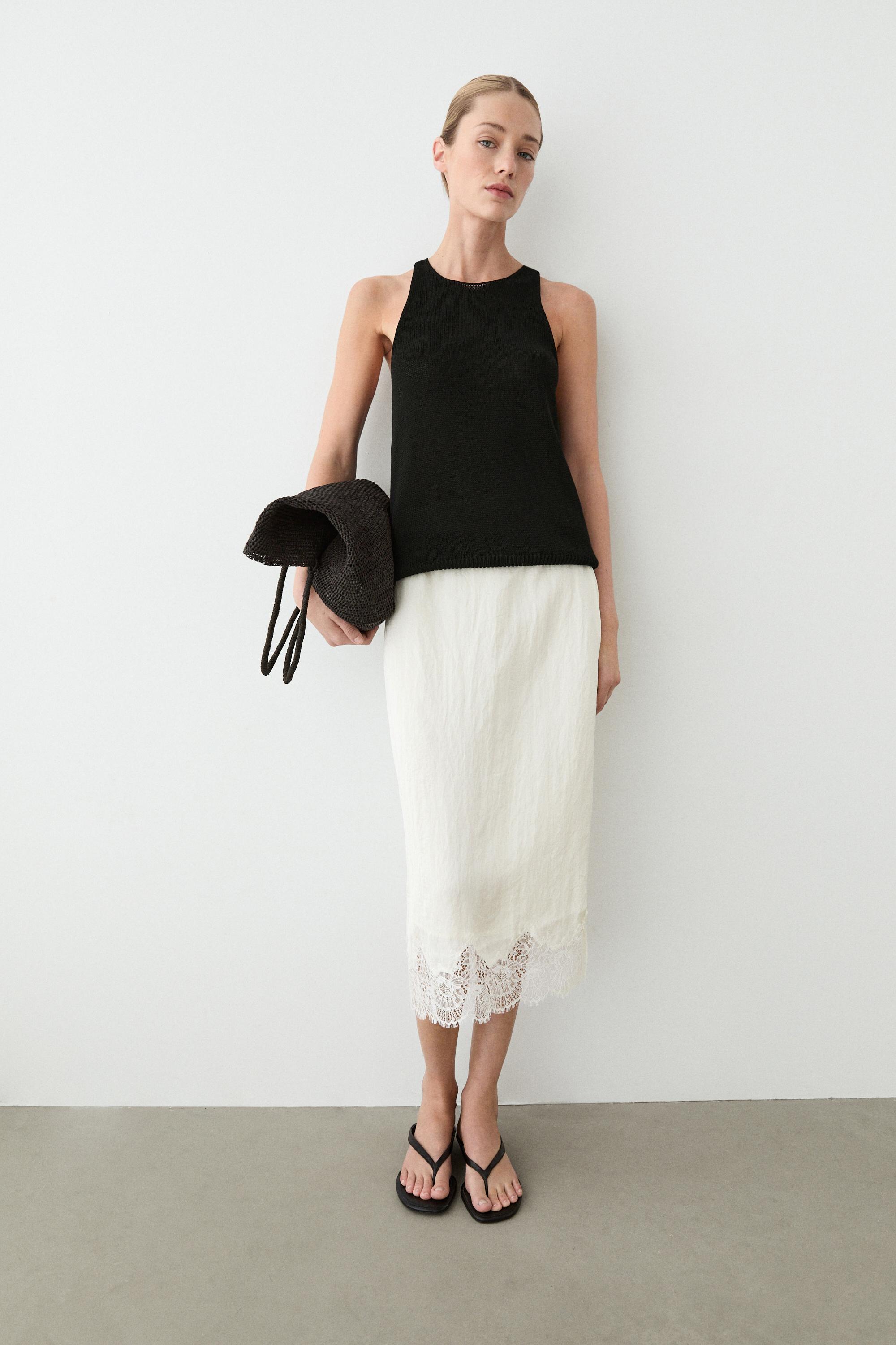 Flowing midi skirt with lace detail — White