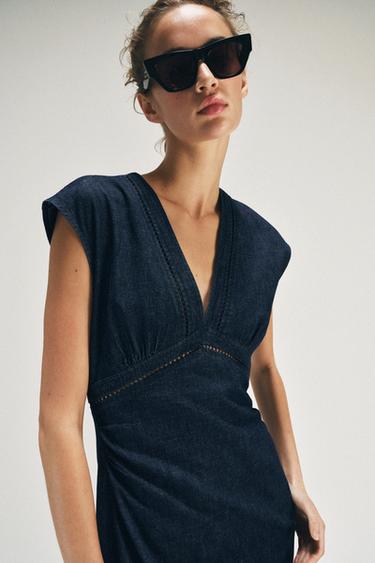 Zara LACE TRIM MIDI DRESS - Blue