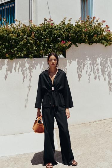 Zara WIDE LINEN PANTS - Black - Image 0