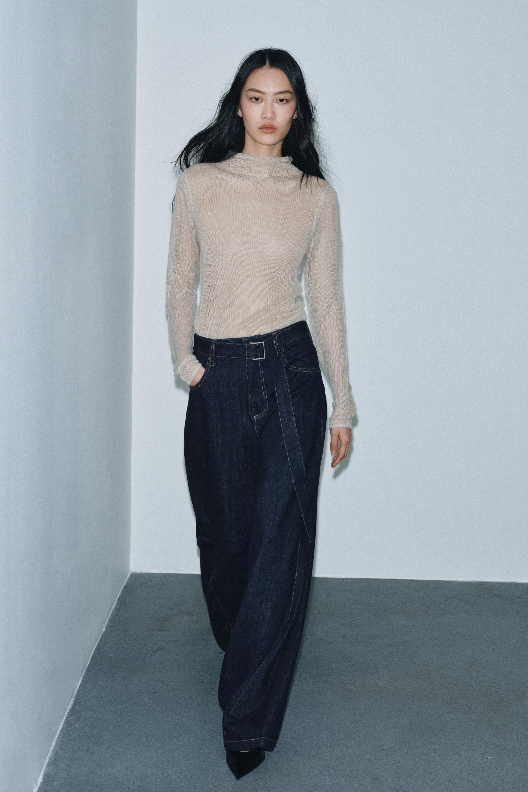 ZW COLLECTION WIDE LEG HIGH-WAIST JEANS WITH BELT - Blue | ZARA