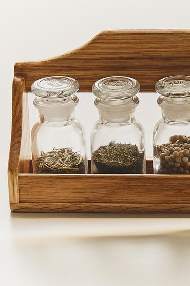 WOODEN SPICE RACK WITH GLASS JARS - Light brown by Zara
