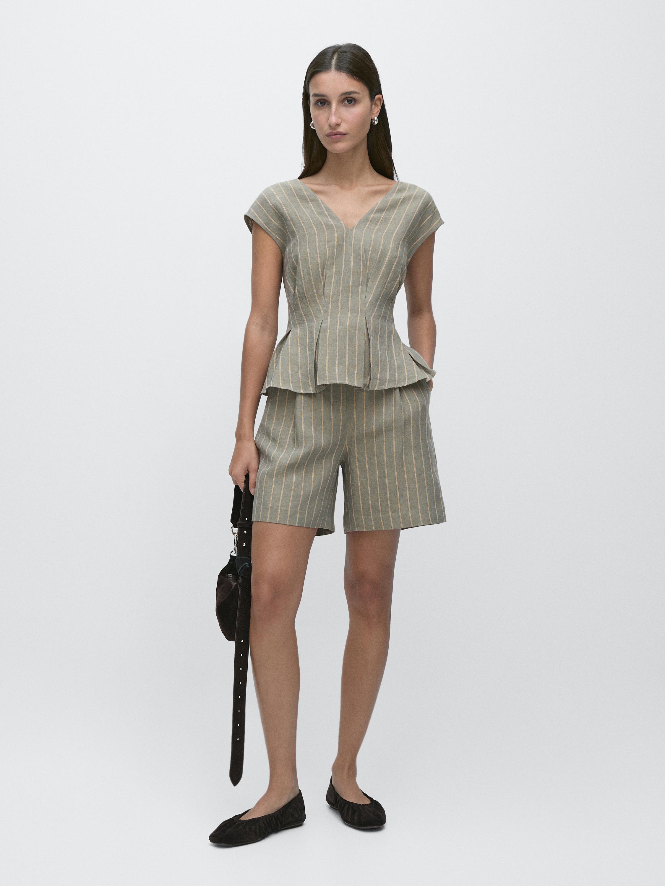 100% linen striped top with pleated details