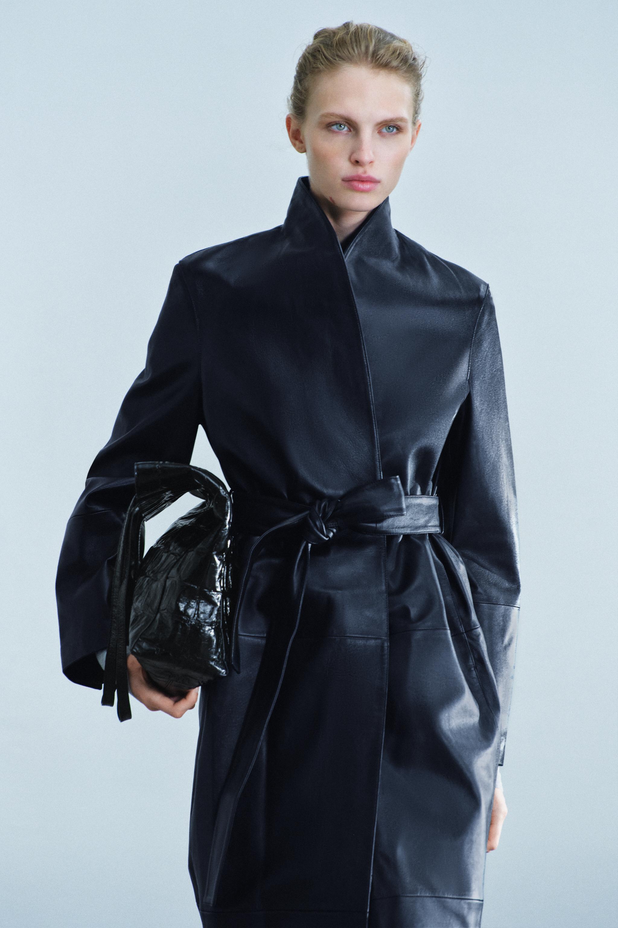 ZW COLLECTION 100% LEATHER BELTED LONG COAT