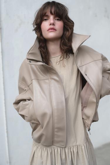LEATHER EFFECT JACKET WITH PLEATS - Stone marl by Zara