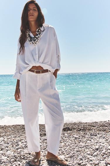 Zara LINEN STRAIGHT LEG PANTS WITH BELT - Oyster-white