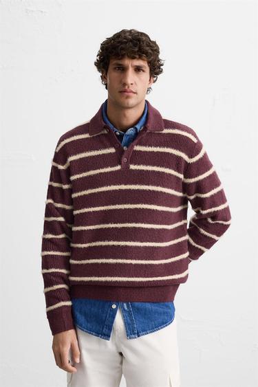 TEXTURED STRIPED KNIT POLO SWEATER - Burgundy by Zara