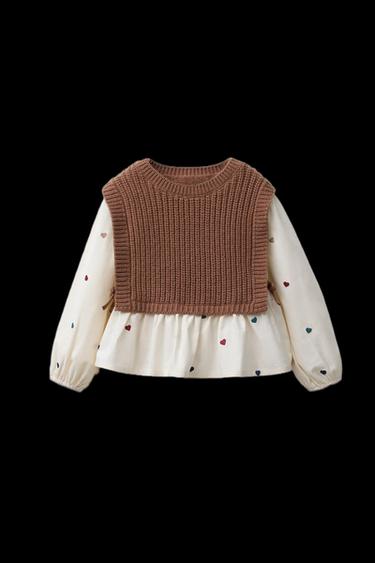 Zara EMBROIDERED HEART SHIRT WITH KNIT VEST - taupe brown - Image 0