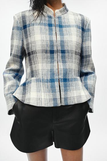 Zara ZW COLLECTION TEXTURED PEPLUM BLAZER - Blue / White