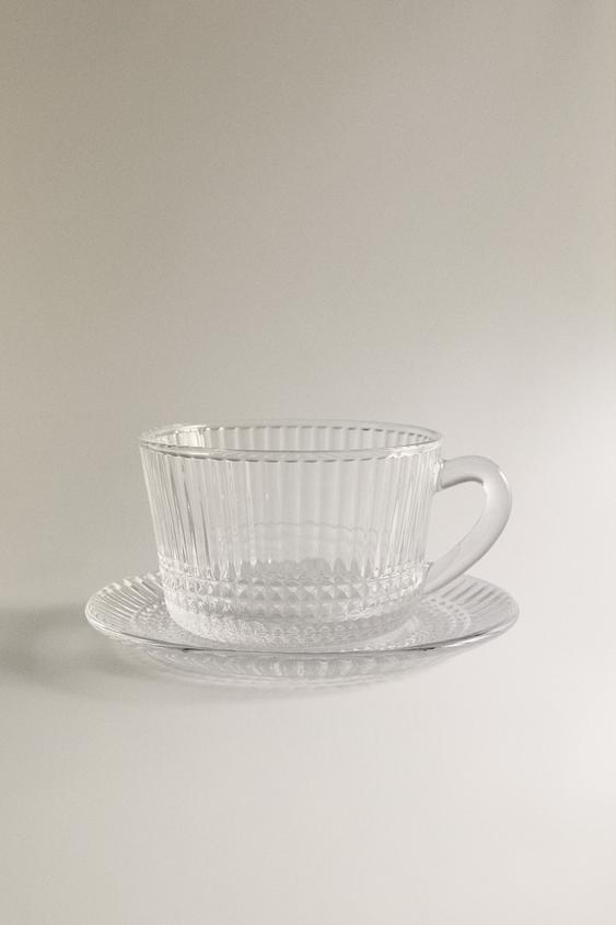 GLASS TEACUP AND SAUCER WITH RAISED GEOMETRIC DESIGN - Transparent by Zara - Image 0