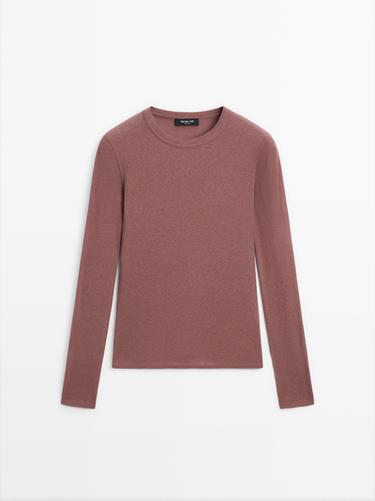 Zara Long sleeve cotton blend T-shirt - Pale pink