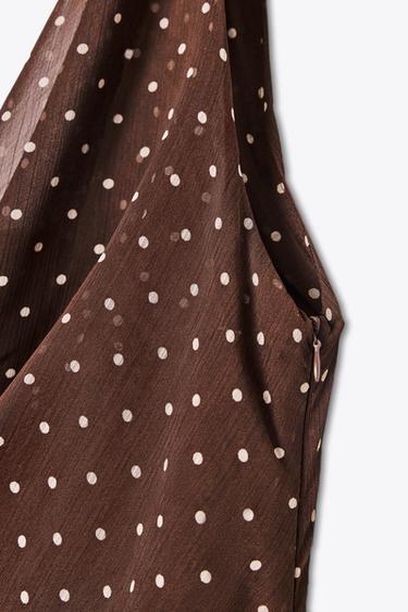 Zara DRAPED NECK POLKA DOT DRESS - Brown / Ecru
