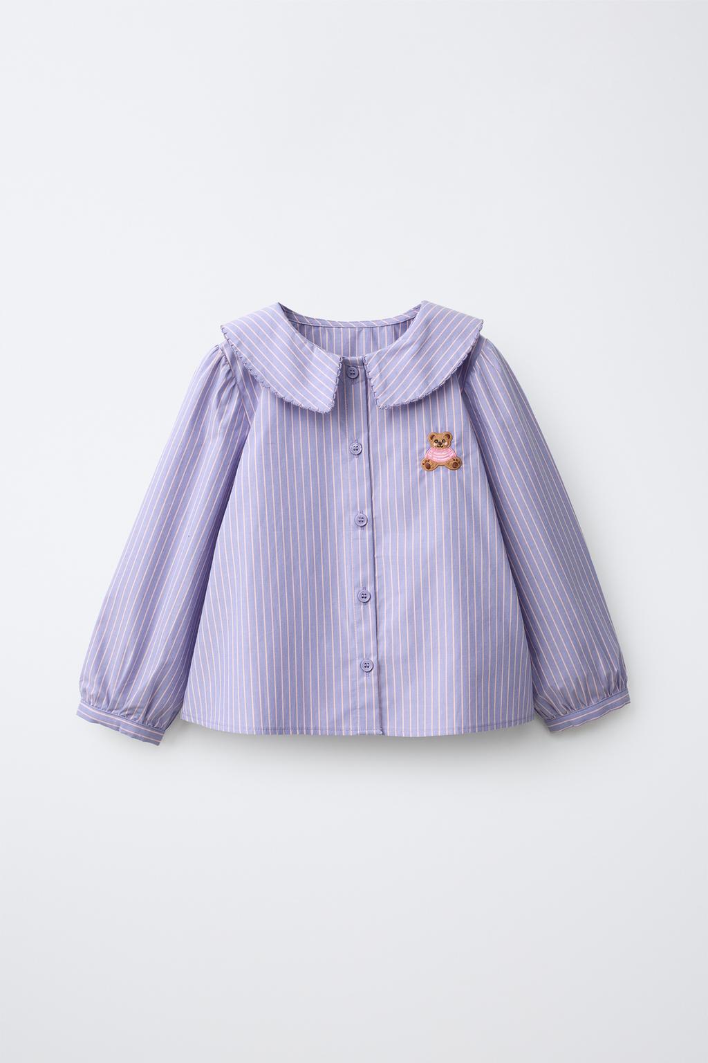 STRIPED PETER PAN COLLAR SHIRT WITH BEAR EMBROIDERY