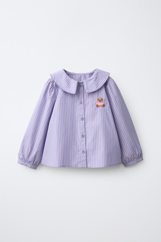 STRIPED PETER PAN COLLAR SHIRT WITH BEAR EMBROIDERY - Light mauve by Zara - Image 0