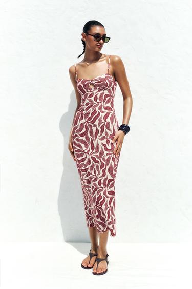 PRINTED RUSTIC MIDI LINEN BLEND DRESS - Ecru / Maroon by Zara - Image 0