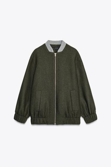Zara WOOL BLEND BOMBER JACKET - Khaki