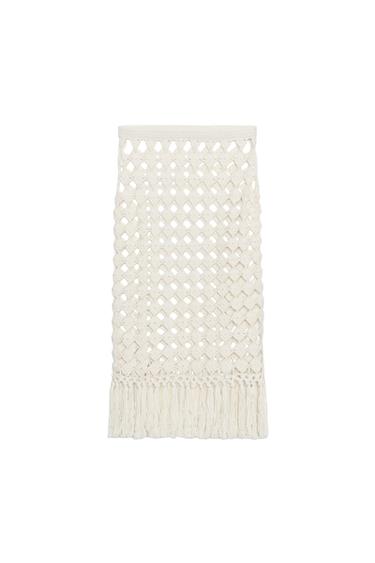 FRINGED CROCHET KNIT SKIRT - Sand by Zara
