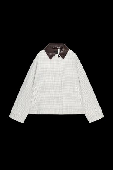 Zara ZW COLLECTION FAUX LEATHER COLLAR SHORT TRENCH COAT - Black / White - Image 0