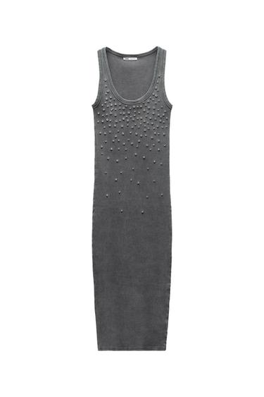 FADED RIBBED DRESS WITH RHINESTONES