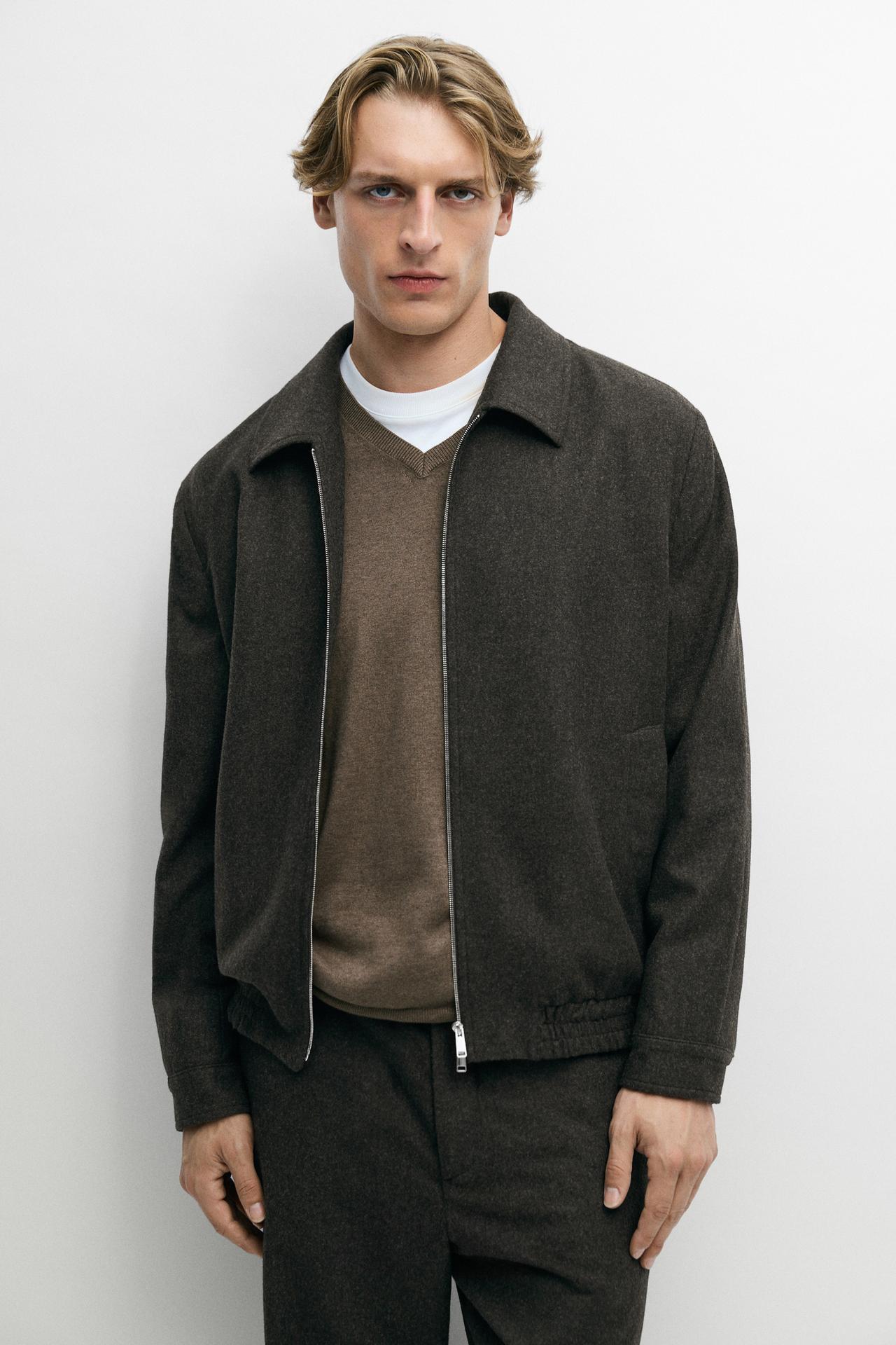 Wool-blend flannel bomber, total look — Brown