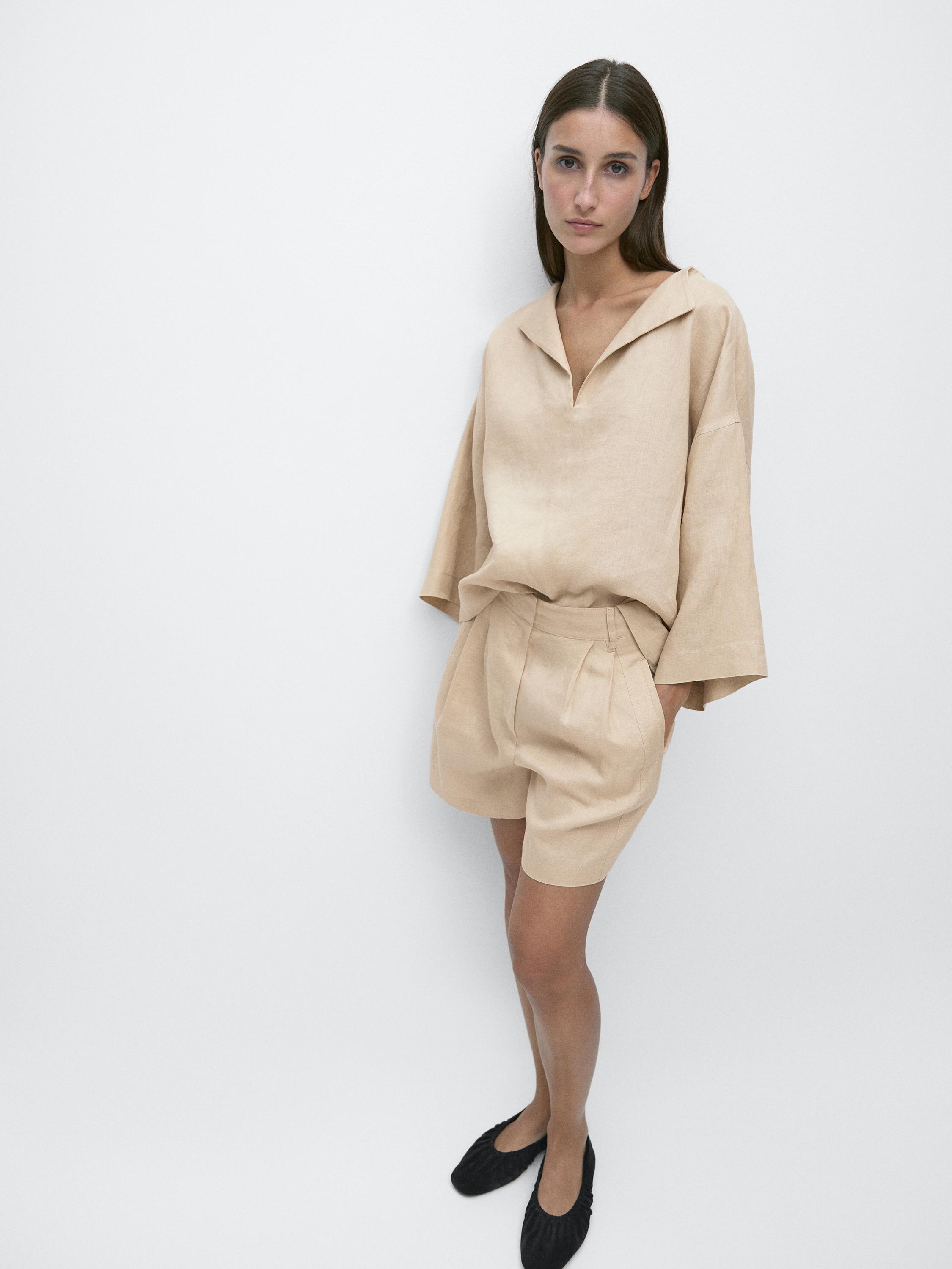 100% linen long Bermuda shorts with darts