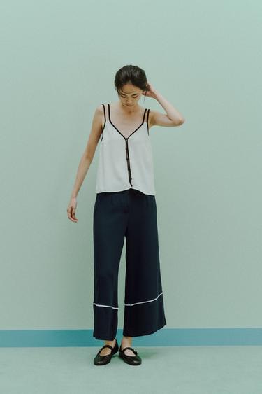 ステッチ入りキュロットパンツネイビーブルーZaraのステッチ入りキュロットパンツ - ネイビーブルー