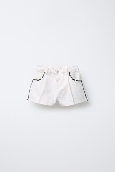 Zara 對比刺繡牛仔短褲 - 磨白色