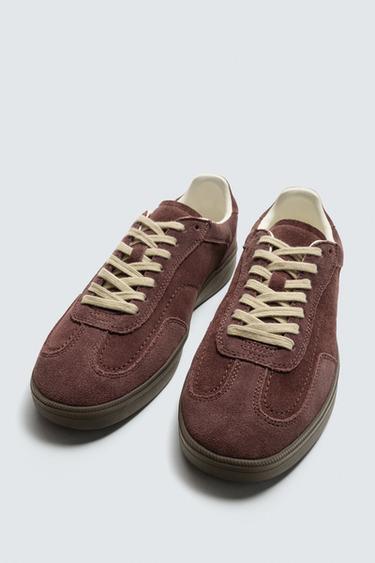 CONTRAST SOLE LEATHER TRAINERS - Burgundy Red by Zara - Image 1