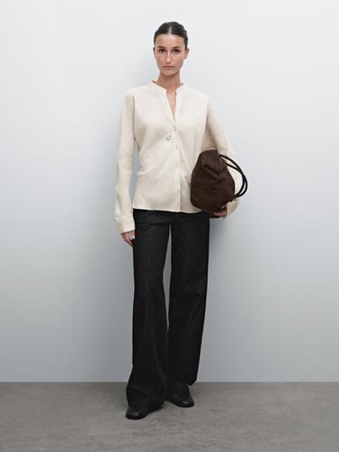 Zara Flowing linen shirt with stand collar - Stone - Image 0