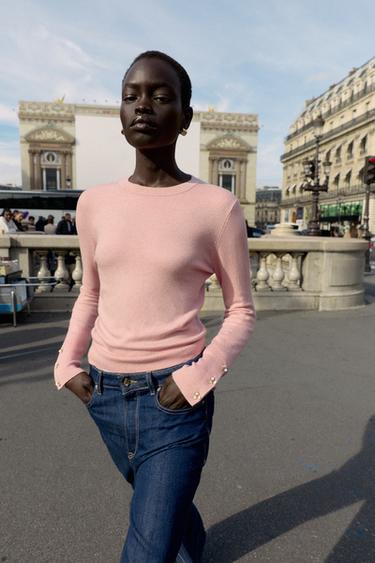 KNIT SWEATER WITH FLORAL BUTTONS - Mid-pink by Zara