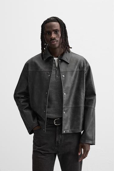 FADED LEATHER EFFECT JACKET - Black / Green by Zara - Image 1