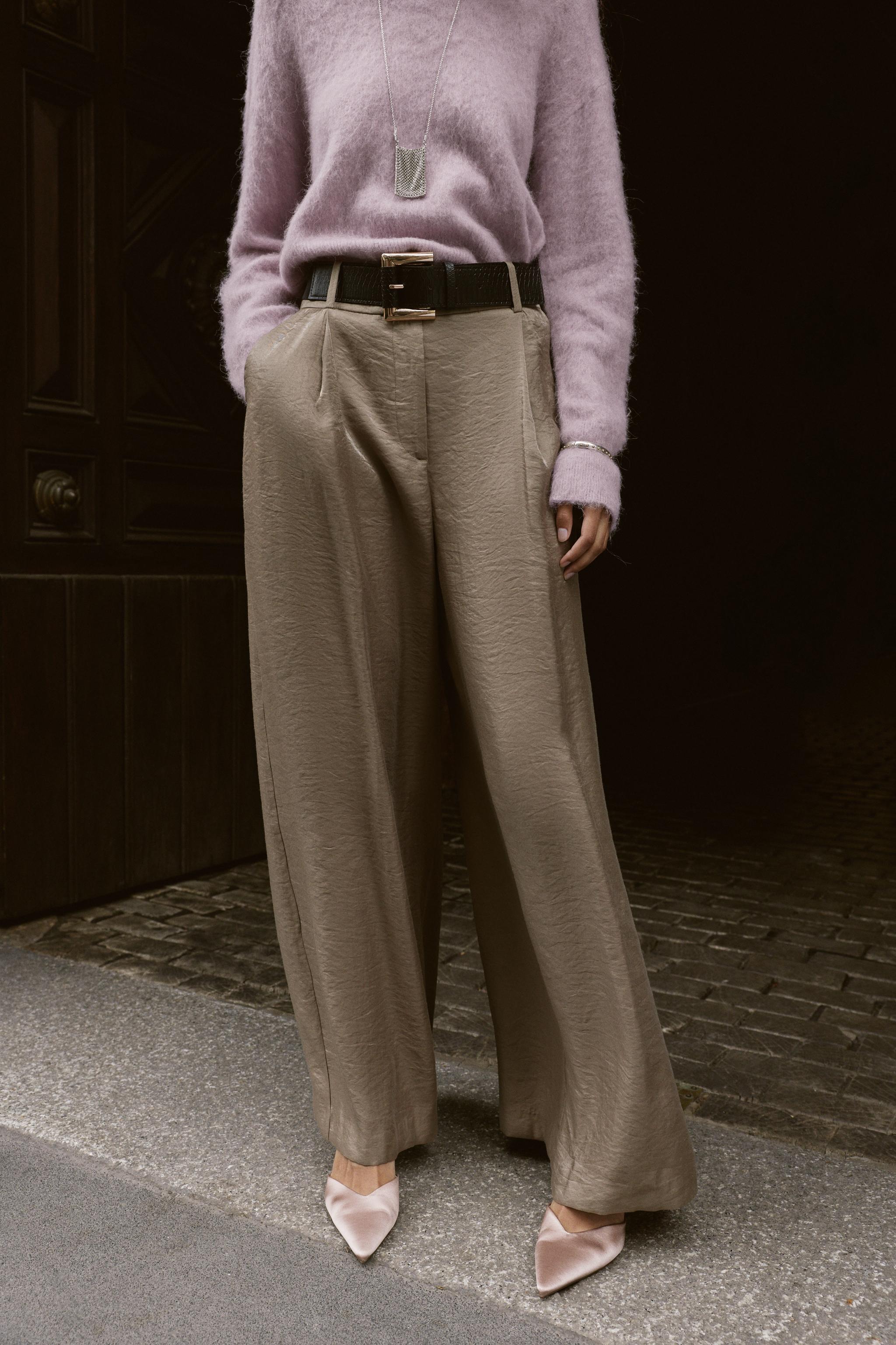 ベルト付きサテンワイドパンツ - ブラウン/モール | ZARA Japan